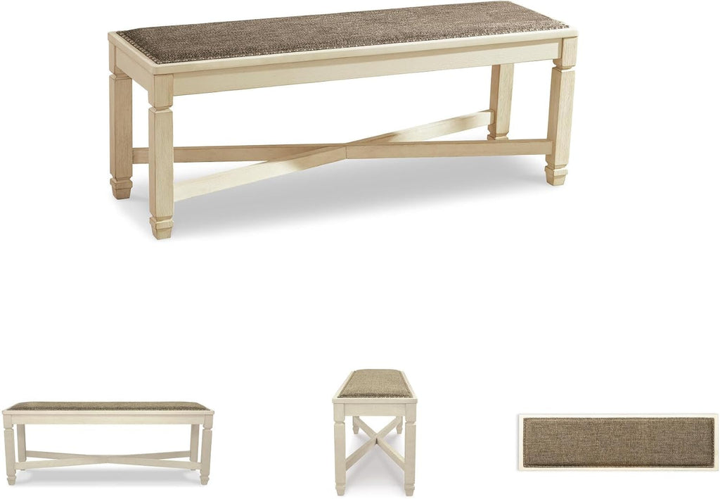 Signature Design by Ashley Bolanburg Casual French Country Upholstered Dining Room Bench with Nailhead Trim, Heavy Woven Fabric, Wood, Antique White & Tan