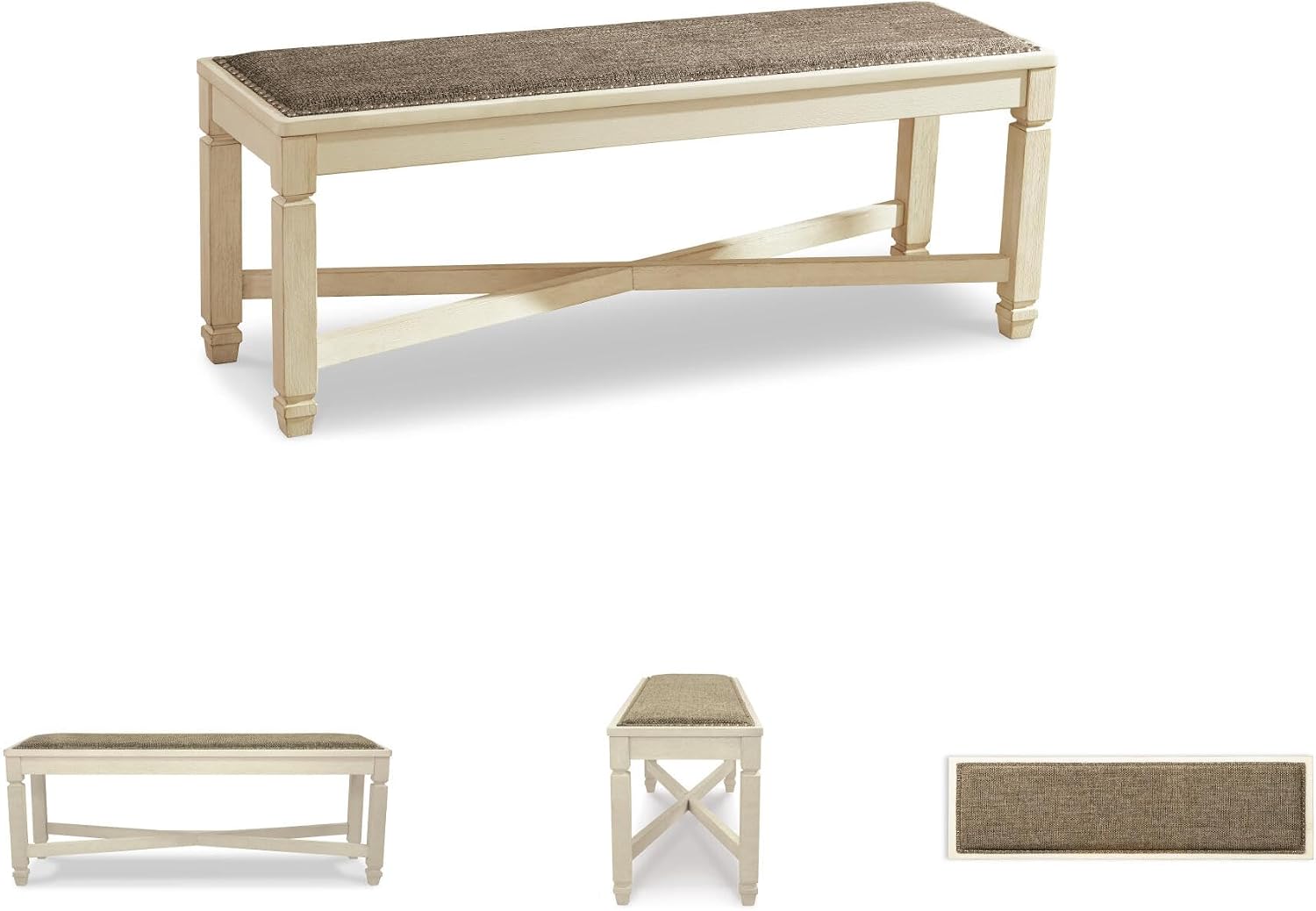 Signature Design by Ashley Bolanburg Casual French Country Upholstered Dining Room Bench with Nailhead Trim, Heavy Woven Fabric, Wood, Antique White & Tan