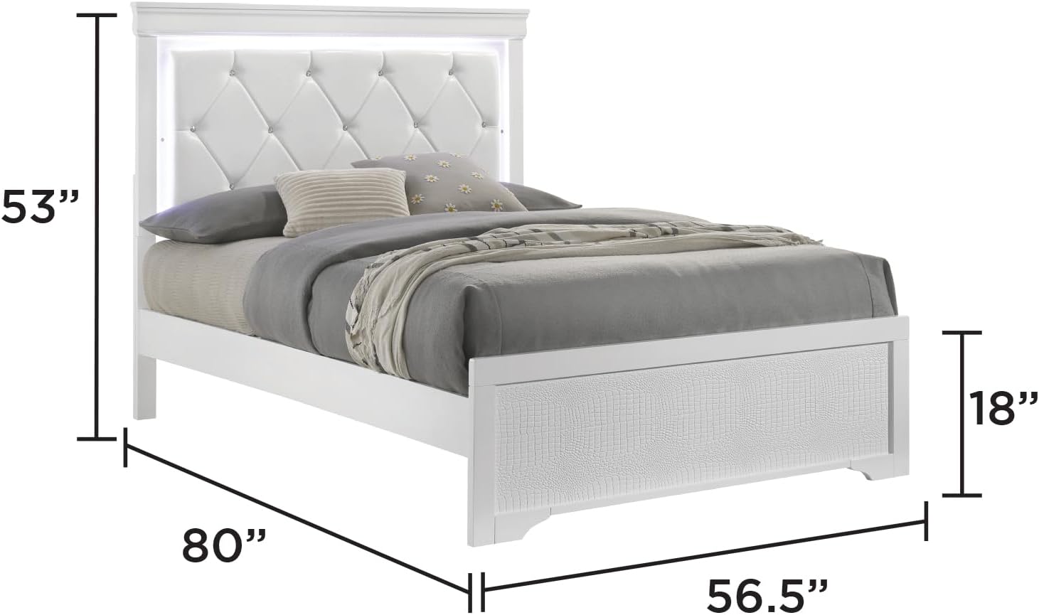 Upholstered Modern Style 5 Pc Full Bedroom Set with LED Headboard Made with Wood in White