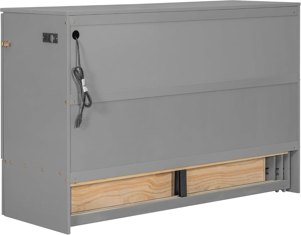 Queen Size Murphy Bed Wall Bed with Storage Drawer and a Set of Sockets & USB Ports, Space-Saving for Multipurpose Guest Room or Home Office, Gray
