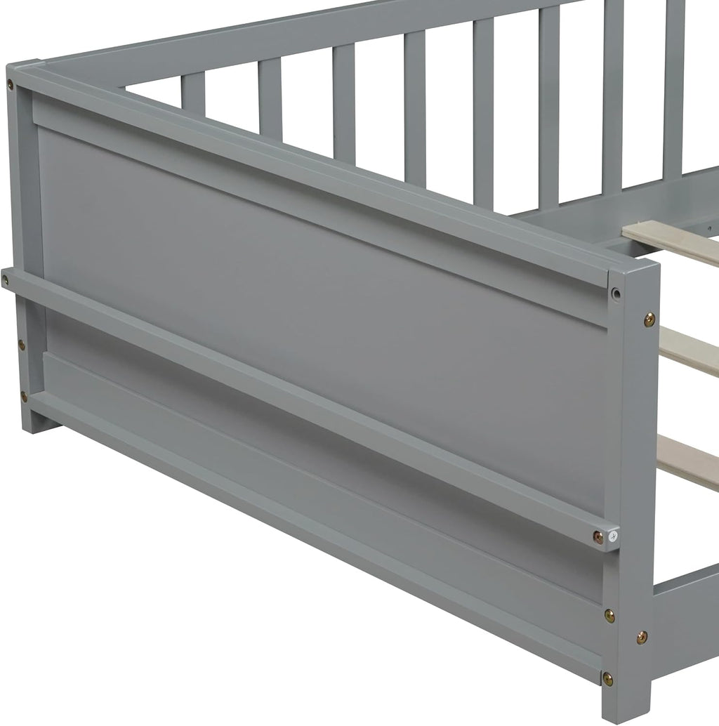 Twin Size Kids Montessori Floor Bed,Twin Floor Bed Frame with Slats and Bookcase,Solid Wood Montessori Bed for Girls Boys,Grey