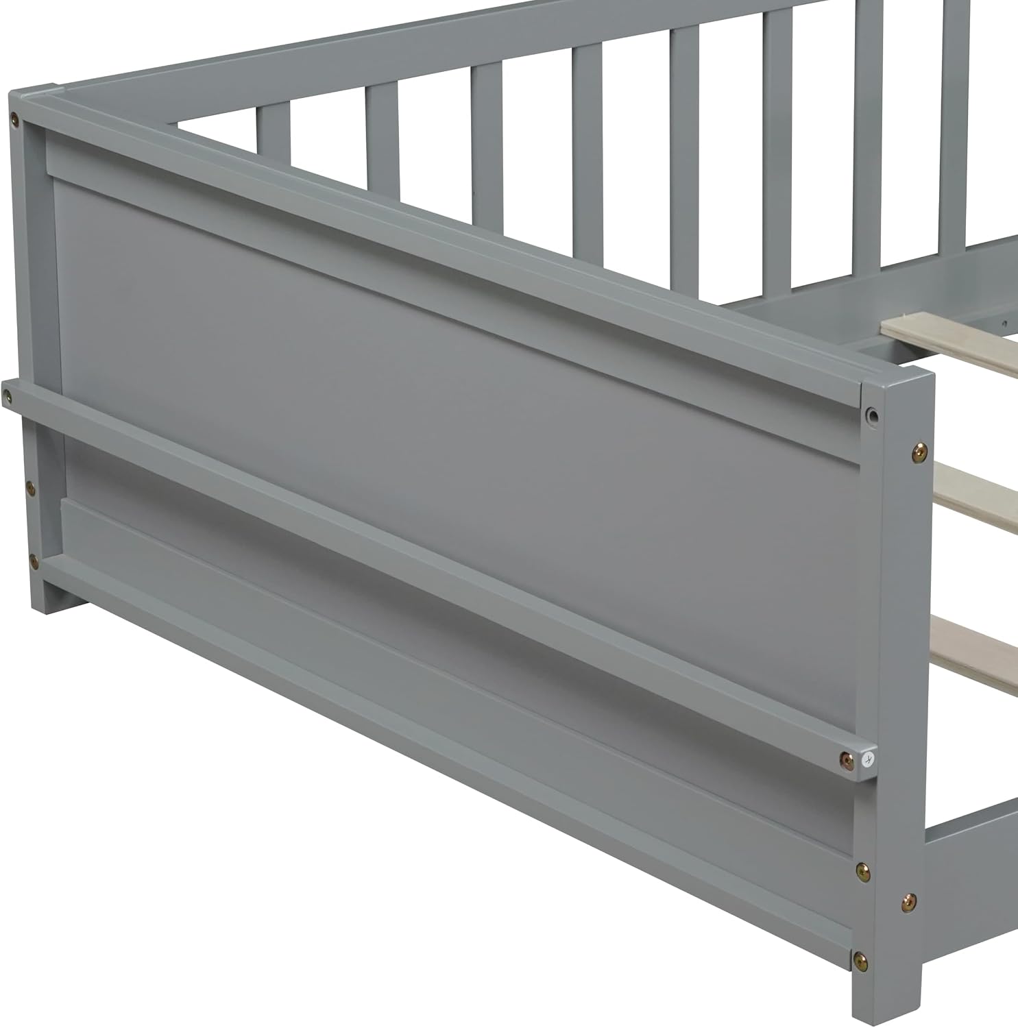 Twin Size Kids Montessori Floor Bed,Twin Floor Bed Frame with Slats and Bookcase,Solid Wood Montessori Bed for Girls Boys,Grey