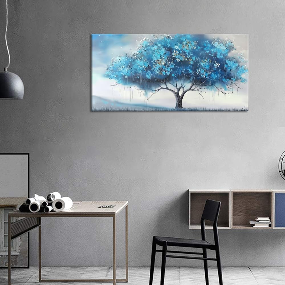 Piy Painting Blue Tree and White Petals Flowers Plants Wall Art Decor Artwork for Bedroom (30x60 Inches)