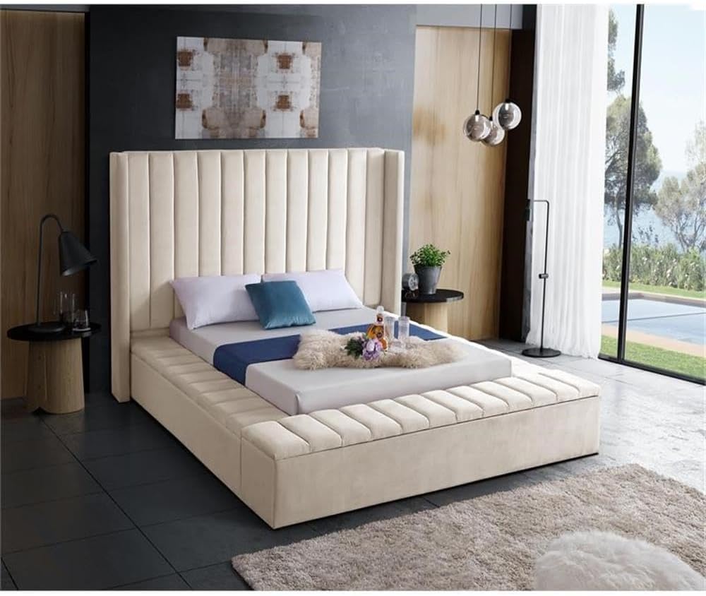 Meridian Furniture Kiki Collection Modern | Contemporary Velvet Upholsterd Bed with Channel Tufting, Siderails and Footboard Storage Compartments, Queen, Cream