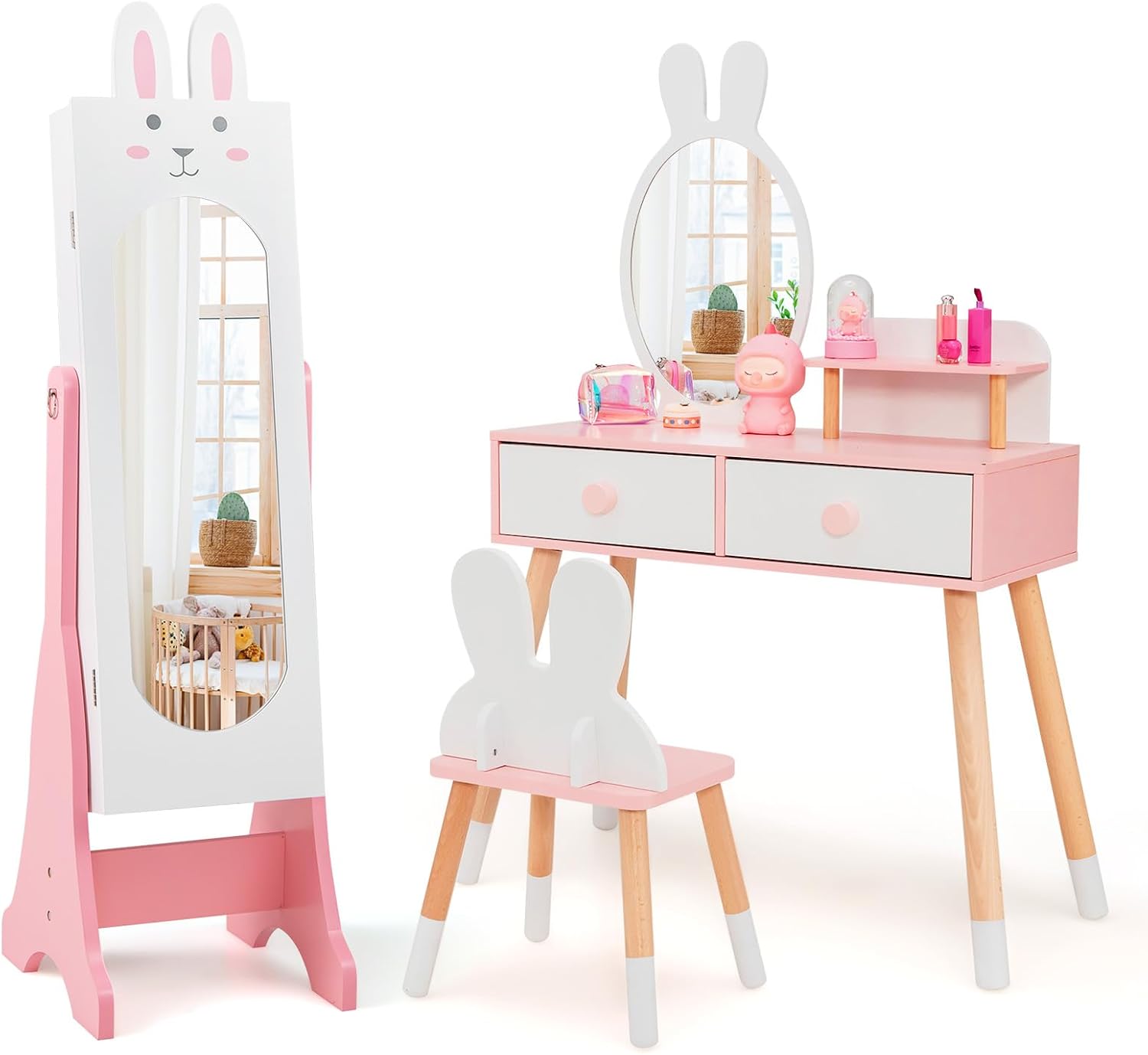 GLACER Kids Vanity & Jewelry Armoire, Princess Dressing Table and Chair Set, Wood Kids Dress Up Storage with Full-Length Mirror, 2 Adjustable Tilt Angles, Kids Bedroom Furniture Set for Girls (White)
