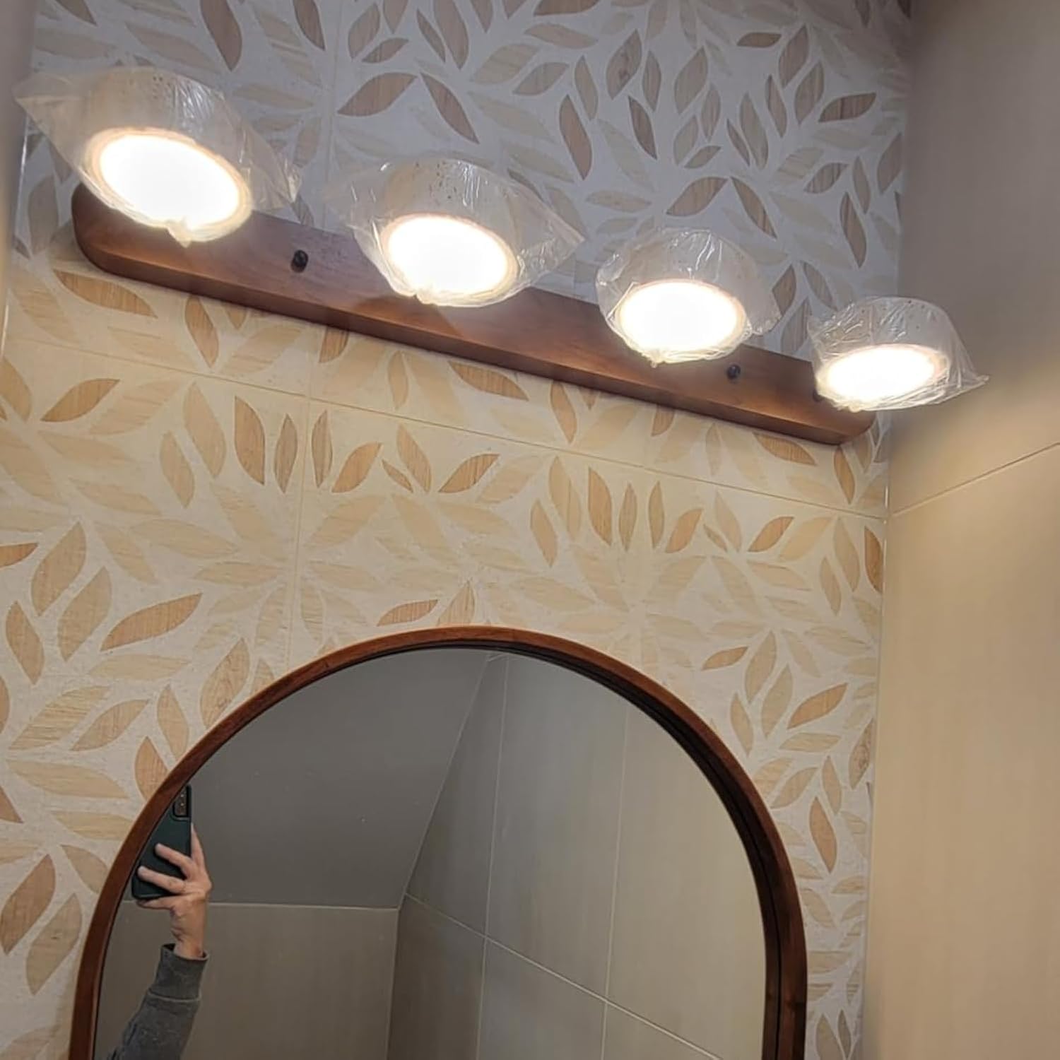 Dark Wood Farmhouse Bathroom Vanity Light 4 Lights Modern Stone Cylinder Wall Lamp Travertine Shade Linear Bathroom Wall Sconce Rotatable LED Wall Light Over Mirror - Walnut Color