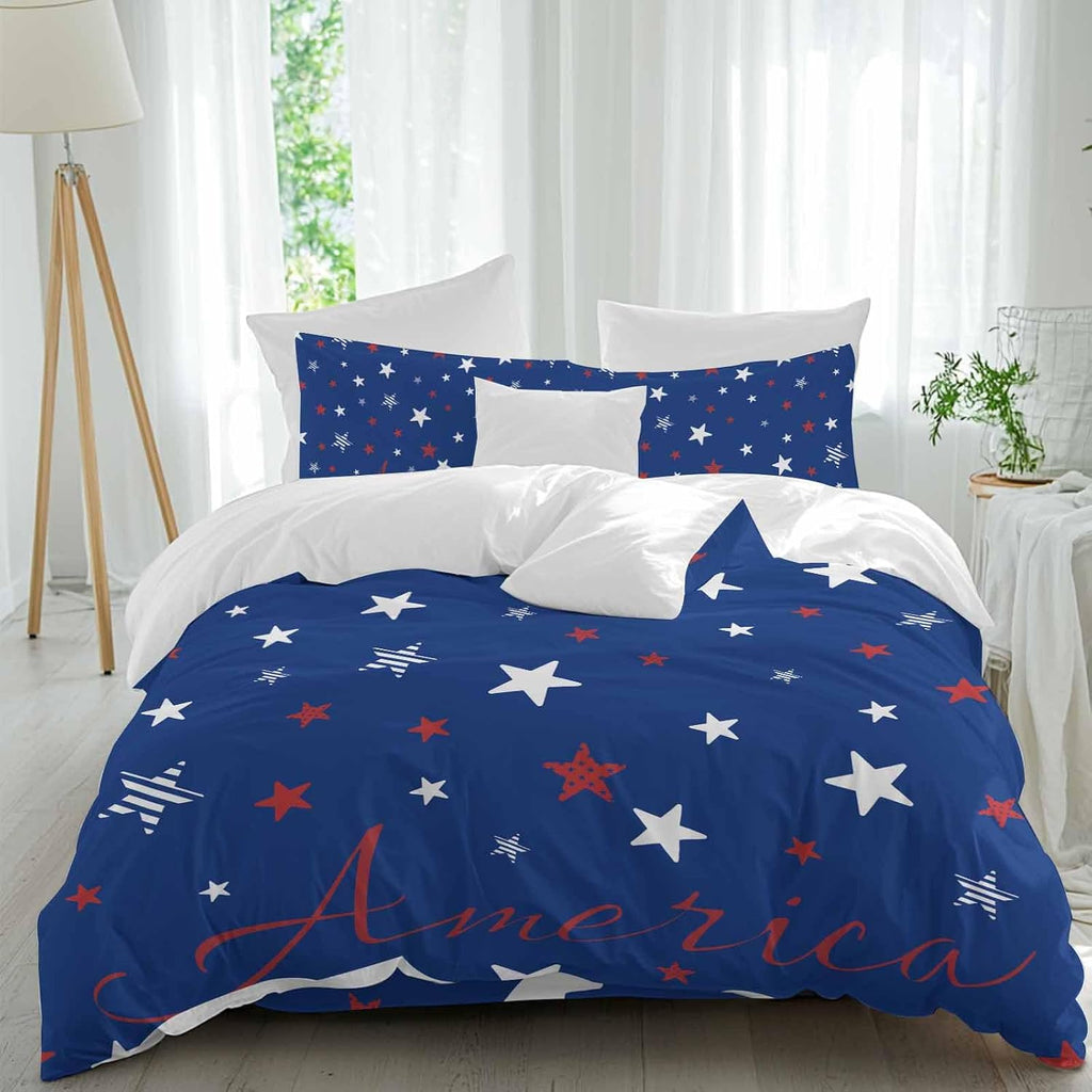 Independence Day Duvet Cover Set Queen Size 4 Pieces Blue White Pentagram America Blue Background Bedding Set with Zipper Closure, 1 Comforter Cover 92x106 Inches 1 Flat Sheet & 2 Pillow Cases