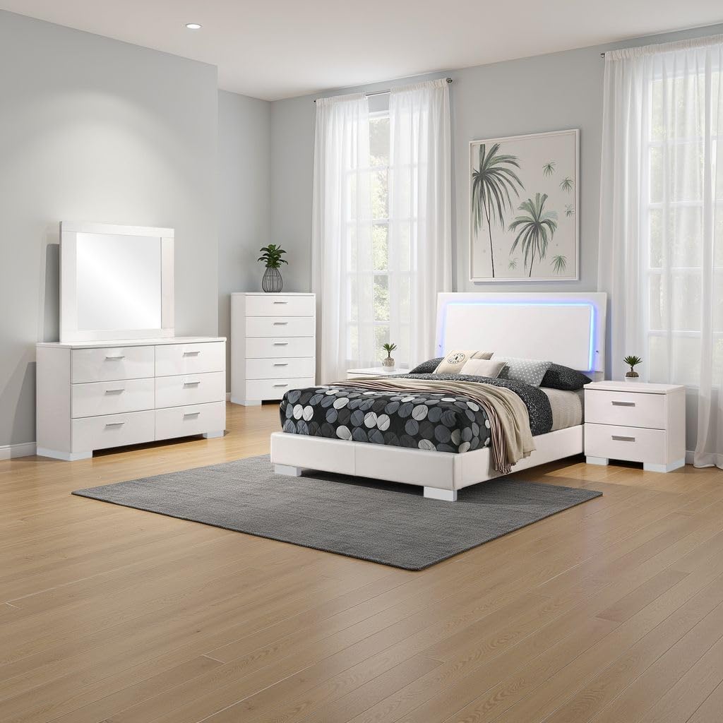 Benzara Sok 5pc Full Bedroom Set with Blue LED Lights, White High Gloss Wood