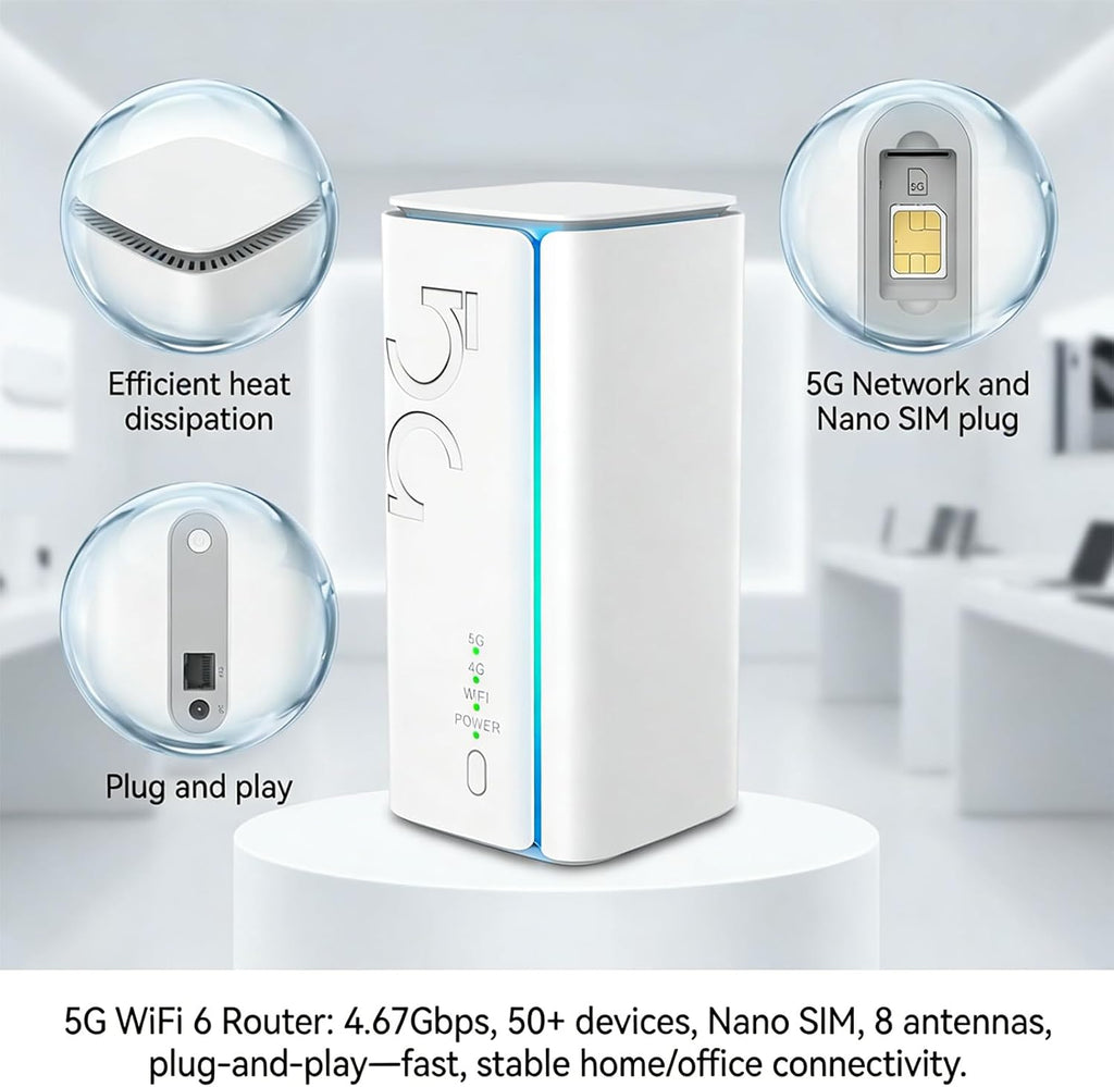 5G CPE Router with SIM Card Slot,Dual Band Portable Cellular Router,NSA SA WiFi 6 5G Routers Dual Band Cellular Modem for Home Office Indoor Wireless Internet