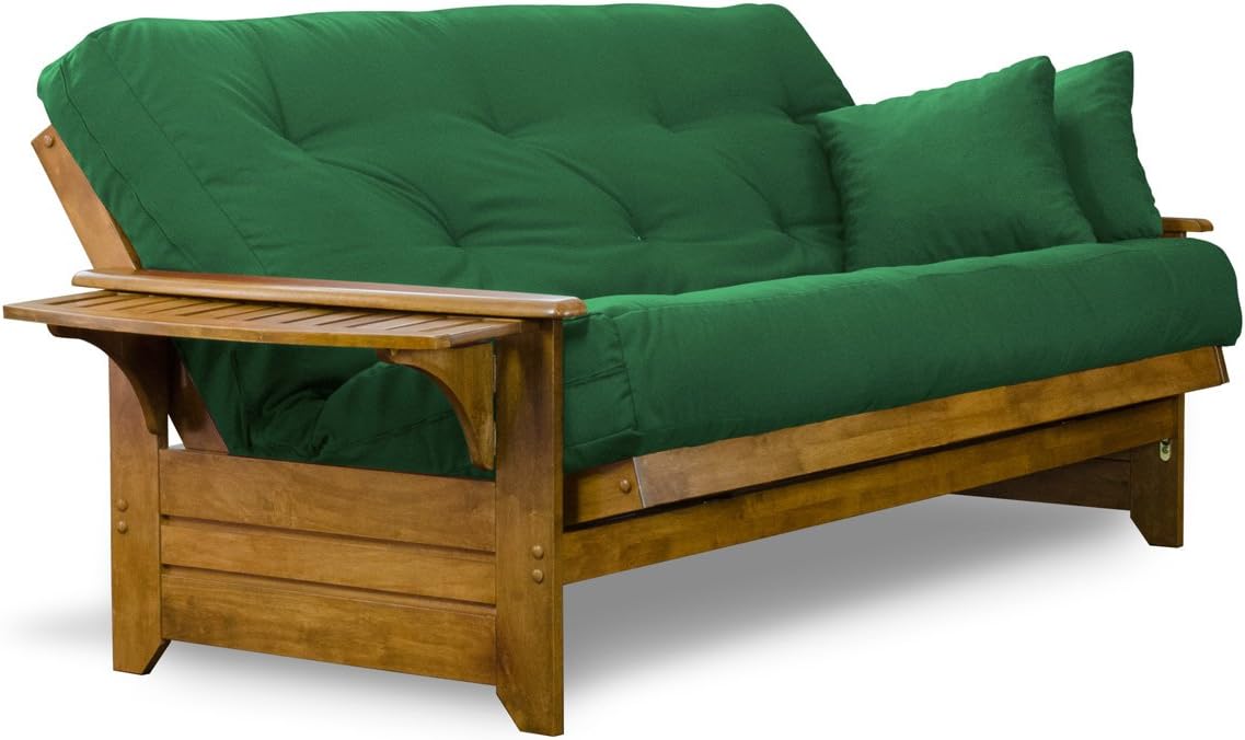 Nirvana Futons Brentwood Tray Arm Futon Frame, Drawers, and Hunter Green Mattress Set - Queen, Rich Heritage Finish