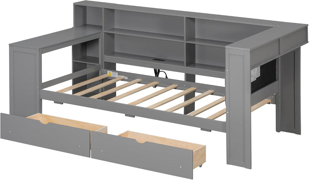 Ball & Cast Wood Twin Size Platform Bed with Storage Shelves and Drawers,Cabinet Bed Frame w/Charging Station & Built-in Desk,Upholstered Headboard,Space-Saving,Furniture for Apartment,Grey+Grey