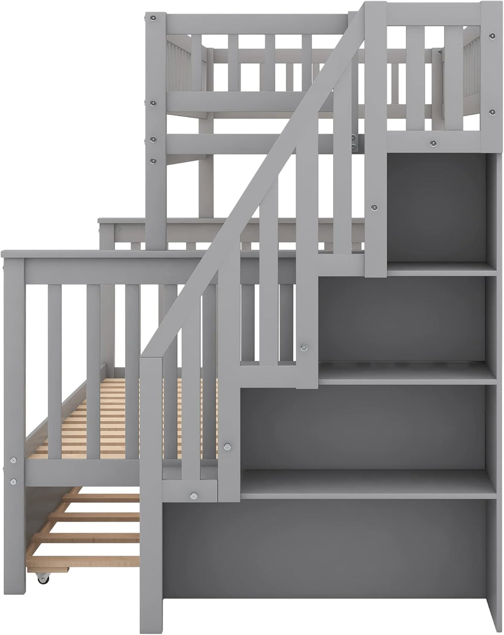 Merax Twin-Over-Full Stairway Bunk Bed with Trundle, Storage Staircase and Full Length Guardrail, Solid Wood Storage Bunk Bed with Trundle, No Spring Box Needed (Grey)