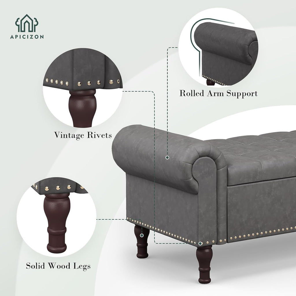Apicizon 60' Bench with Storage, Upholstered Tufted Button Bedroom Bench with Storage, Faux Leather End of Bed Bench with Rolled Arms, Storage Ottoman Bench for Bedroom, Living Room, Entryway, Gray