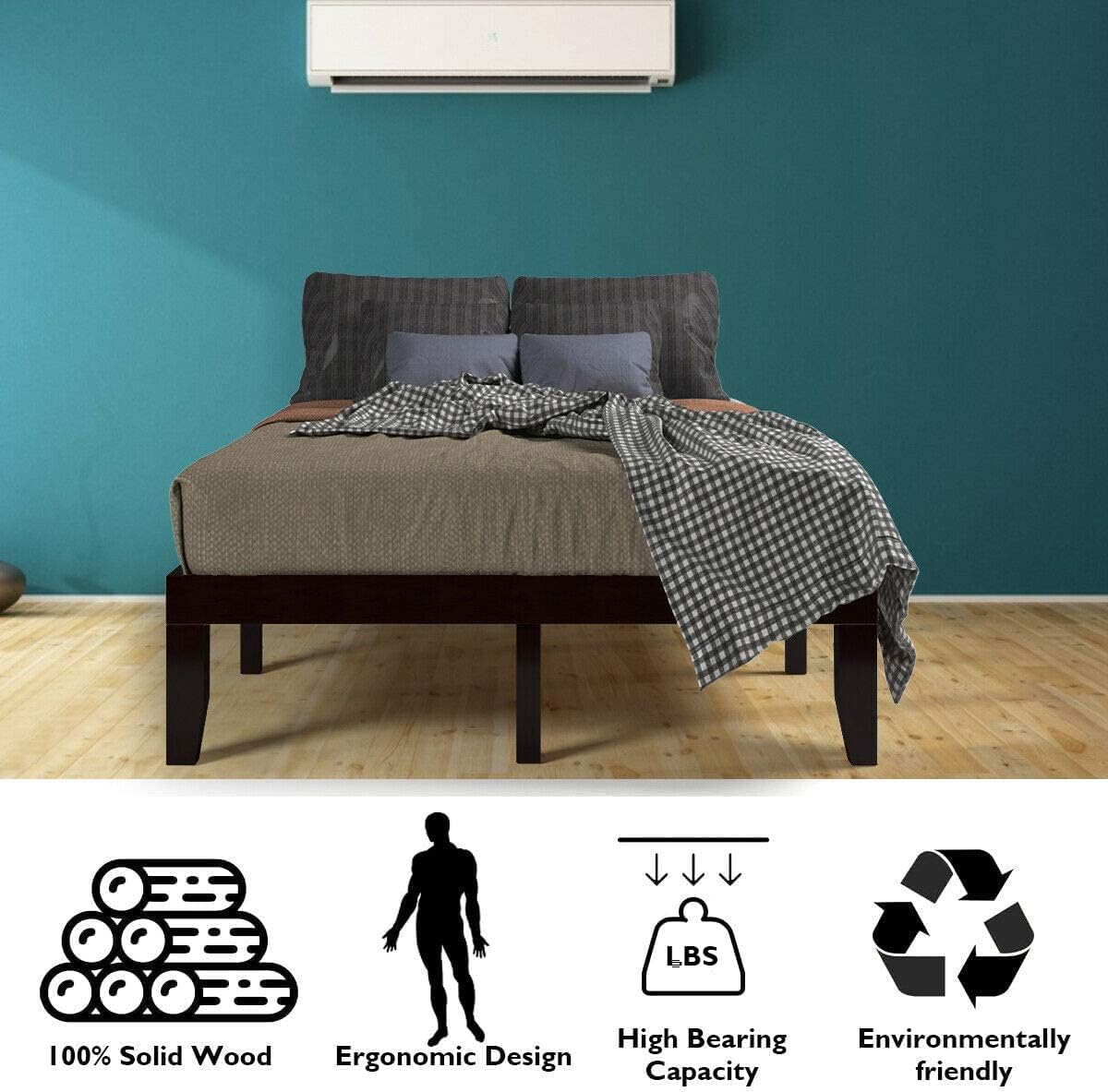 Giantex 14 Inch Queen Wood Platform Bed Frame, Minimalist Style Mattress Foundation with Solid Rubber Wood, Heavy Duty Slat Support, Without Headboard, Easy Assembly, No Box Spring Needed, Espresso