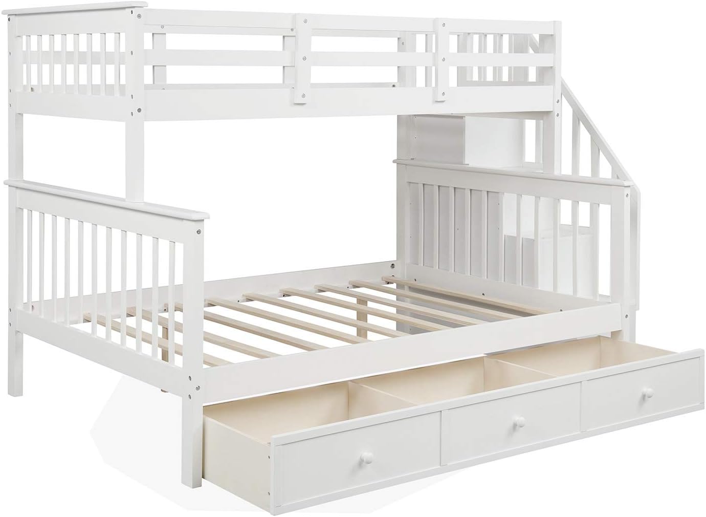 Twin Over Full Bunk Bed with 3 Drawers and Staircase,Can be Separated into 2 Beds,Wood Floor Bunk Bed Frame with Storage Shelf and Full-Length Safety Guardrail for Kids Teens Adults,Space Saving,White