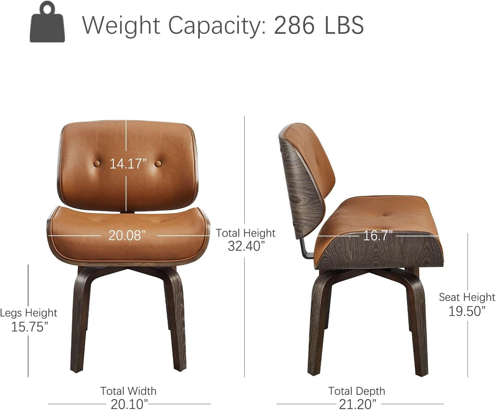 Zouron Swivel Dining Chairs Set of 2, Mid Century Modern Upholstered Faux Leather Chair with Black Oak Bentwood and Wood Legs for Kitchen Dining Room, Thickened Cushion, Button Brown