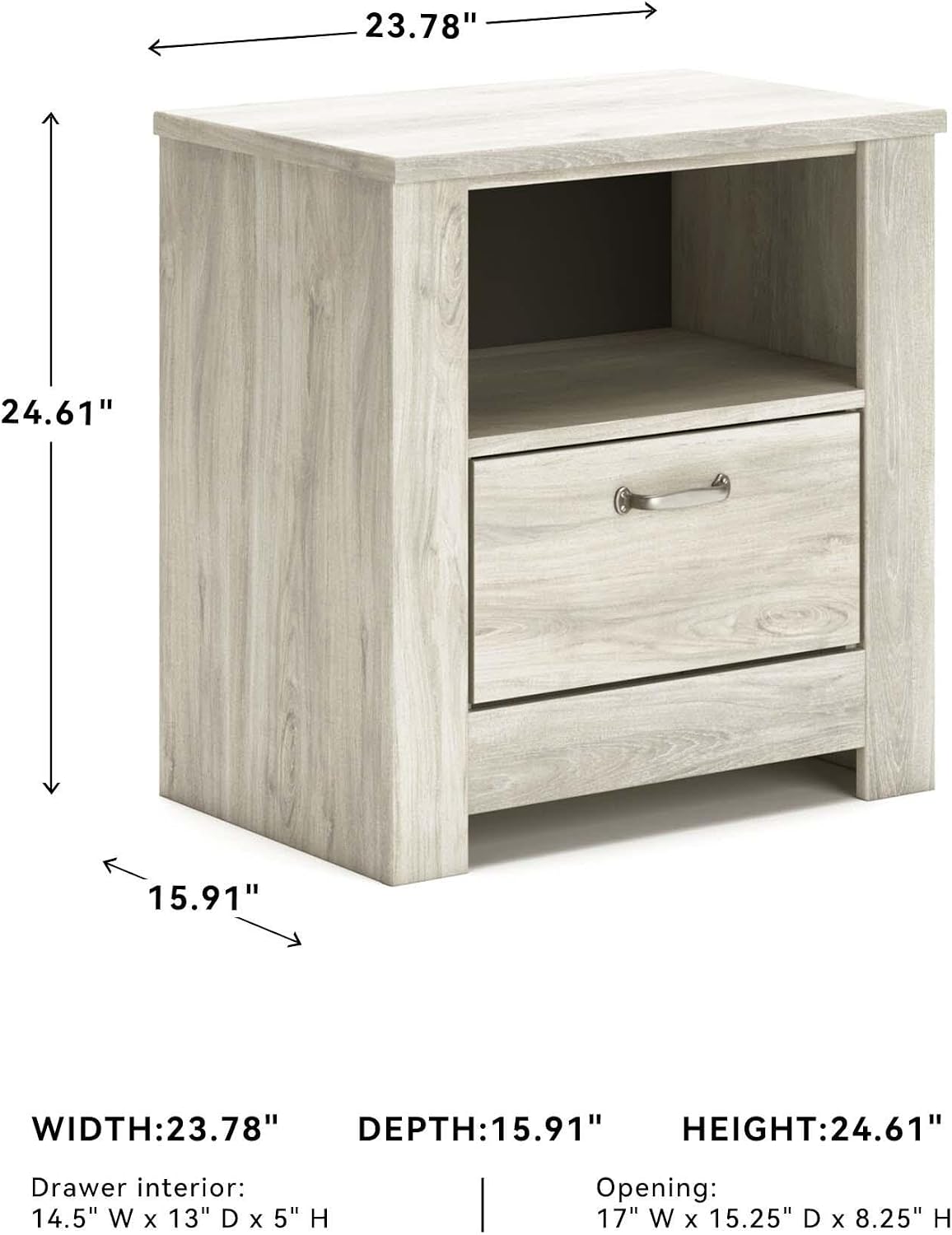 Signature Design by Ashley Bellaby Farmhouse 1 Drawer Nightstand with 1 Storage Cubby & Slim-Profile USB Charging Station, 24.61' Tall, Whitewash