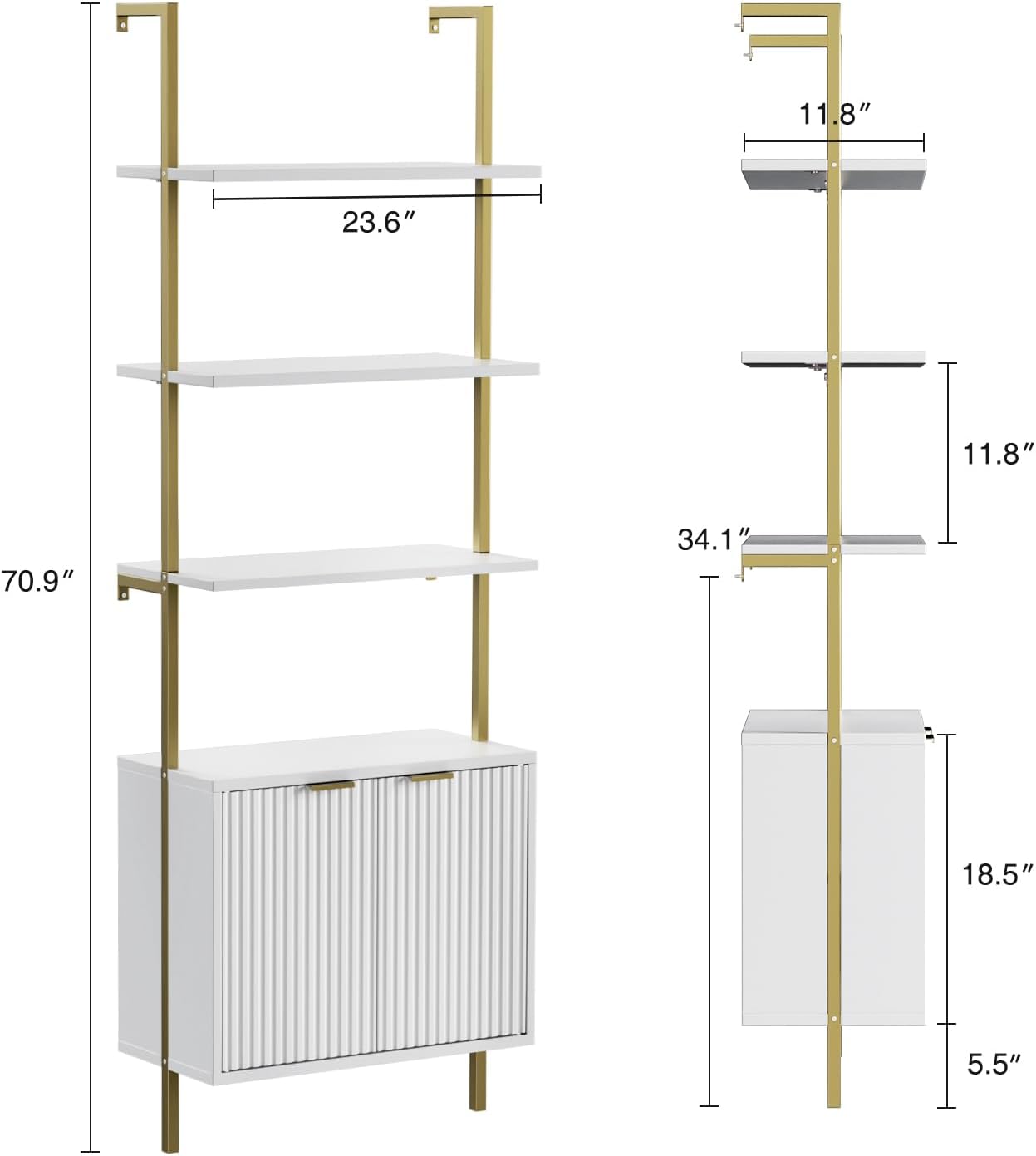 Halitaa Set of 2 White & Gold Ladder Shelf with Storage Cabinet, Modern Ladder Bookshelf with Doors, Wall Mount Bookcase with Metal Frame, Display Shelves for Living/Bed/Bathroom, Home Office