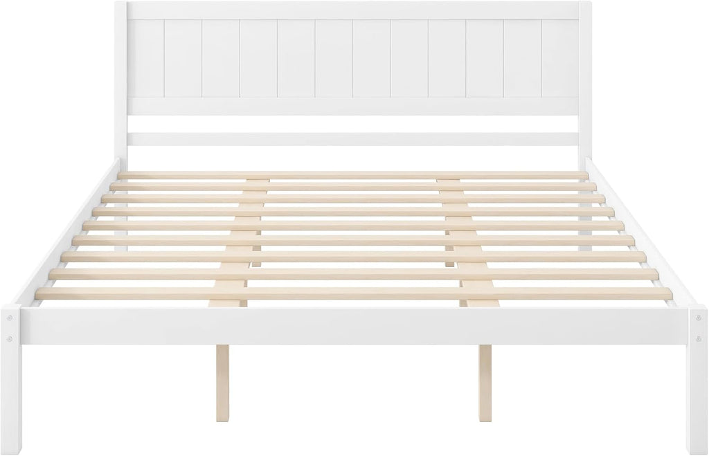 Platform Bed Frame with Headboard, Wood Slat Support, No Box Spring Needed,King,White