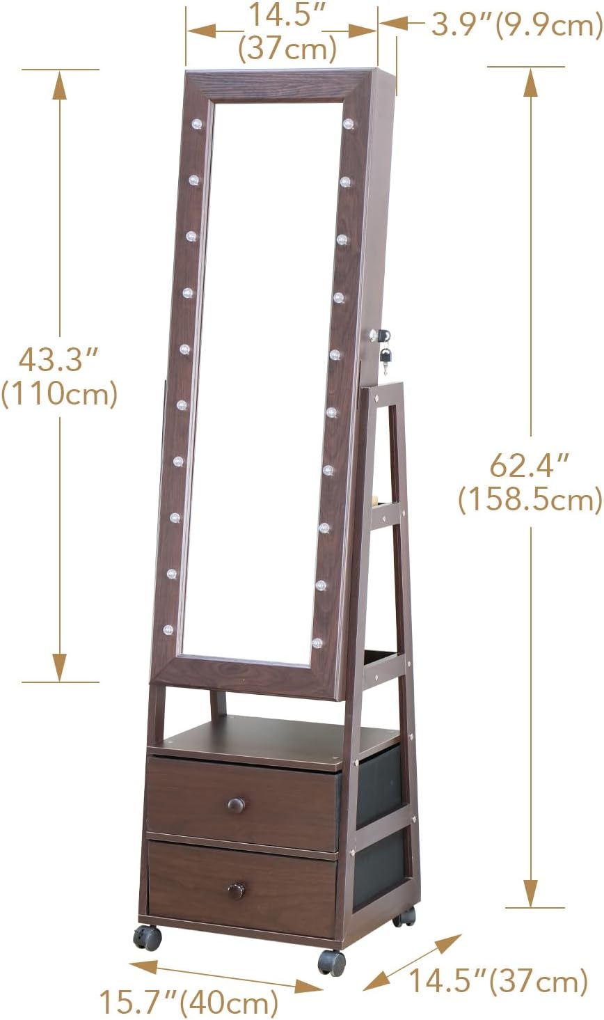 Jewelry Armoire Cabinet Organizer Standing with 20 LED Lights Lockable Full Length Mirror with Storage Shelves and 2 Drawers (Brown) Adjustable Tilt Angles Gift for Her