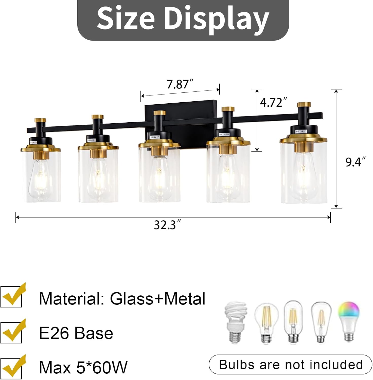 5-Lights Bathroom Light Fixtures, Gold and Black Bathroom Vanity Light Over Mirror, Brushed Gold Bathroom Light Fixtures with Clear Glass Shade for Hallway, Living Room