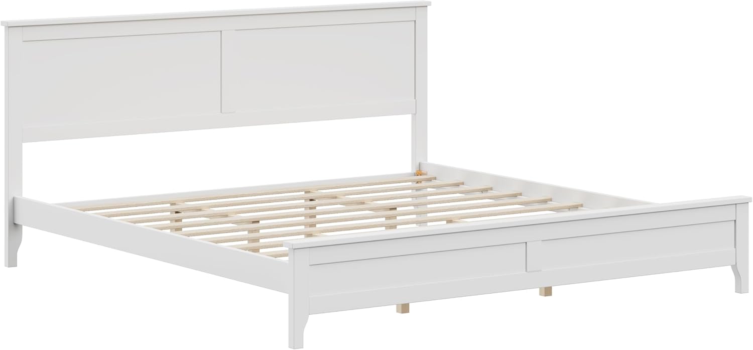 12 Inch Deluxe King Size Bed Frame with Headboard, Mid Century Retro Style White Wood Platform Beds Frames, No Box Spring Needed, 13 Strong Wooden Slat Support, Easy Assembly (White, King)
