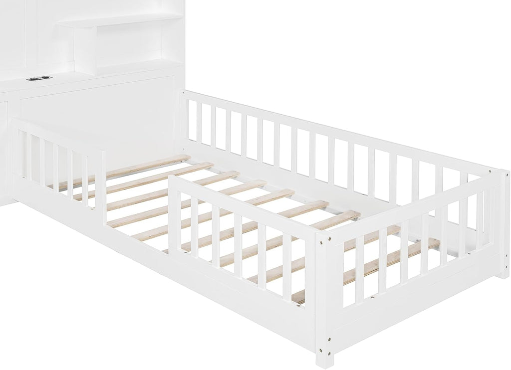 Flieks Twin Size House Bed Frame for Boys Girls Kids Toddler with Window and Bedside Drawers, Platform Bed with Shelves and a Set of Sockets and USB Port, White
