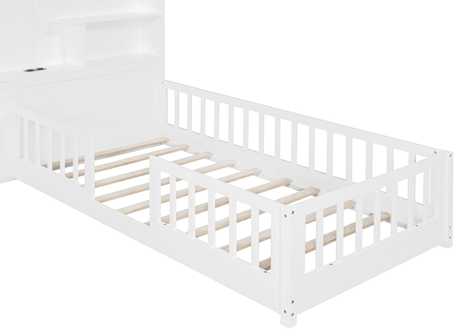Flieks Twin Size House Bed Frame for Boys Girls Kids Toddler with Window and Bedside Drawers, Platform Bed with Shelves and a Set of Sockets and USB Port, White