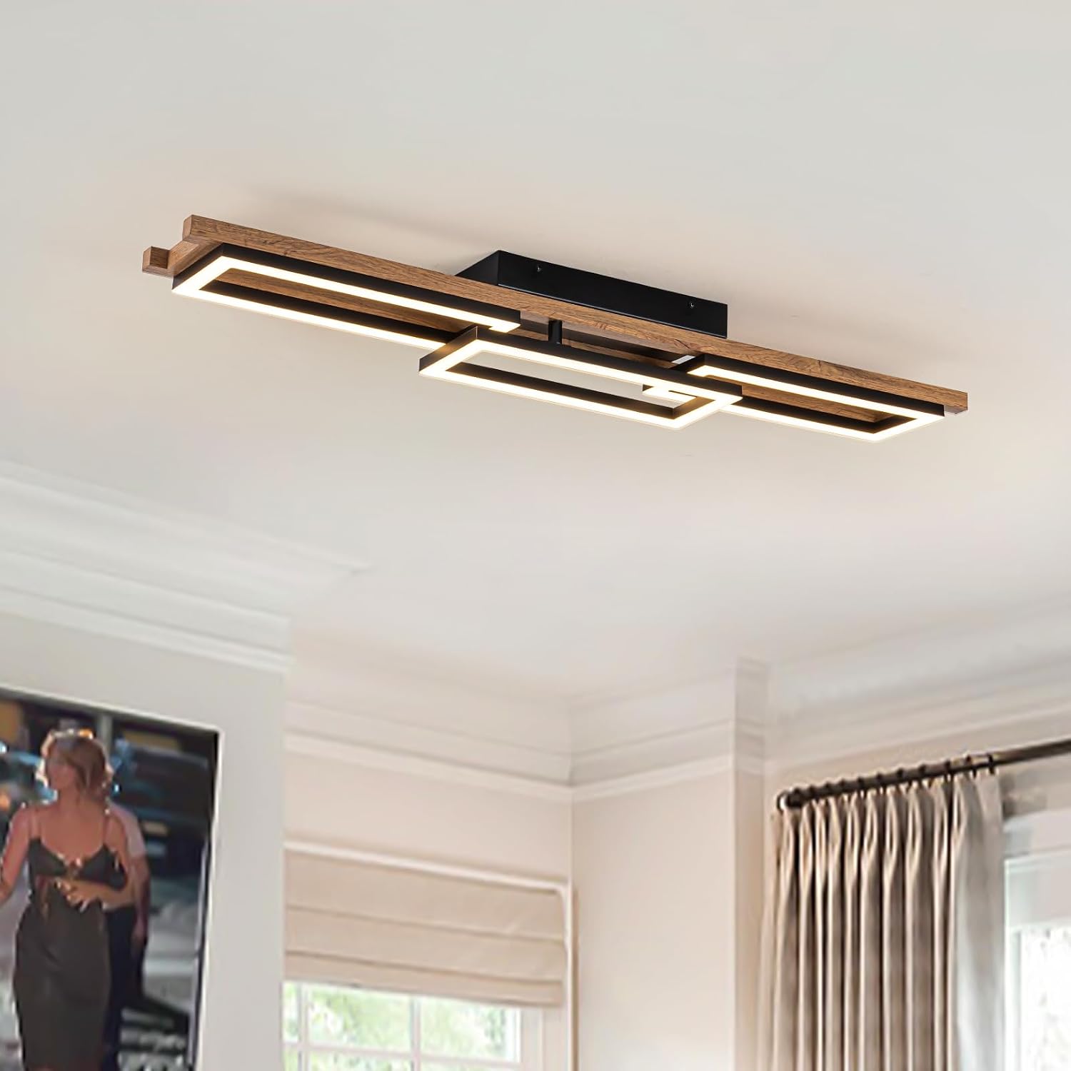 Lingkai 39.3' LED Modern Ceiling Lights Wooden Square Rectangular Lamp Fixture Wood, Modern Kitchen Ceiling Lighting Fixtures 3000K for Island Bedroom Living Room Hallways
