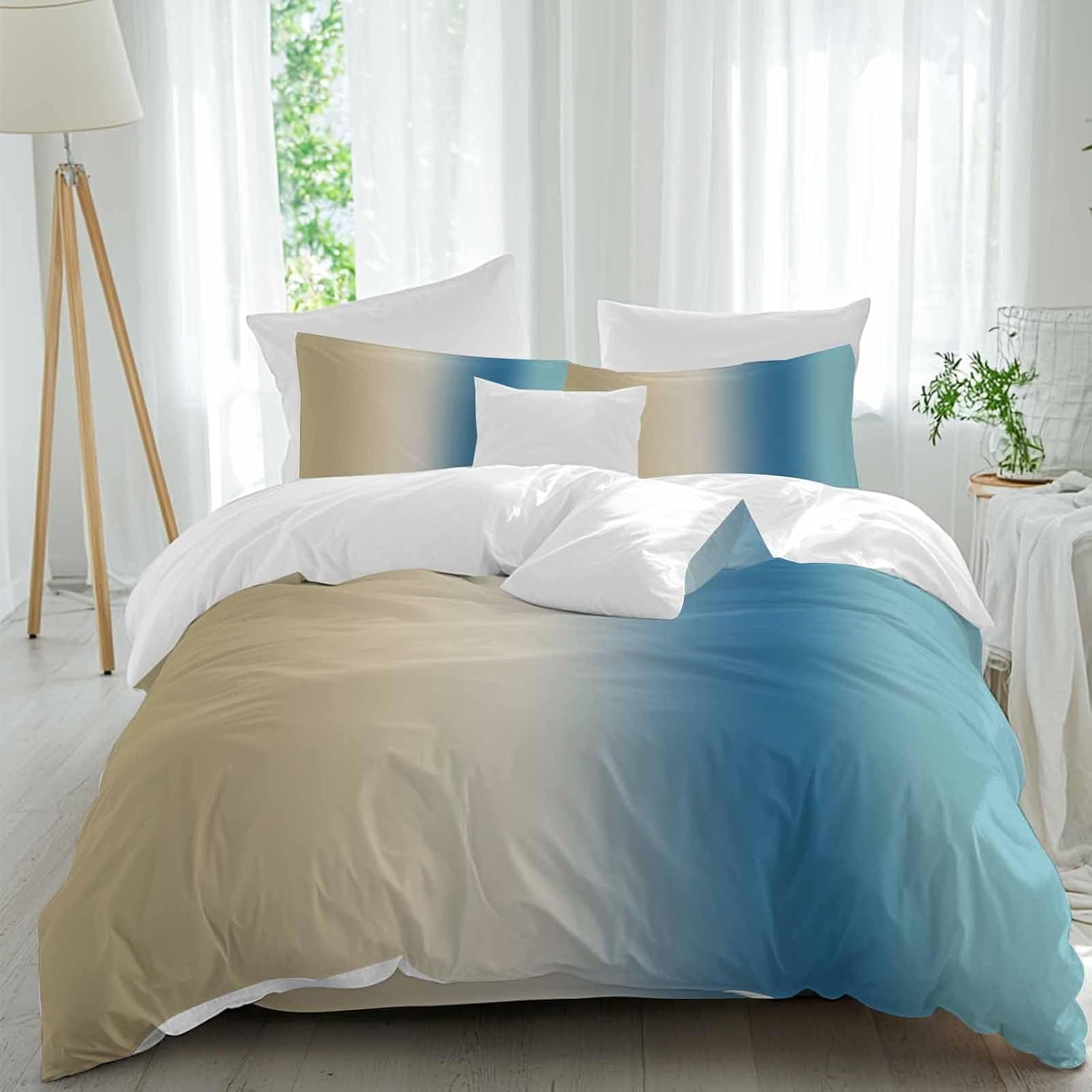 Gradient Brown Blue Duvet Cover Set Queen Size 4 Pieces Modern Abstract Minimalist Beige Ocean Beach Bedding Set with Zipper Closure, 1 Comforter Cover 86x86 Inches 1 Flat Sheet & 2 Pillow Cases