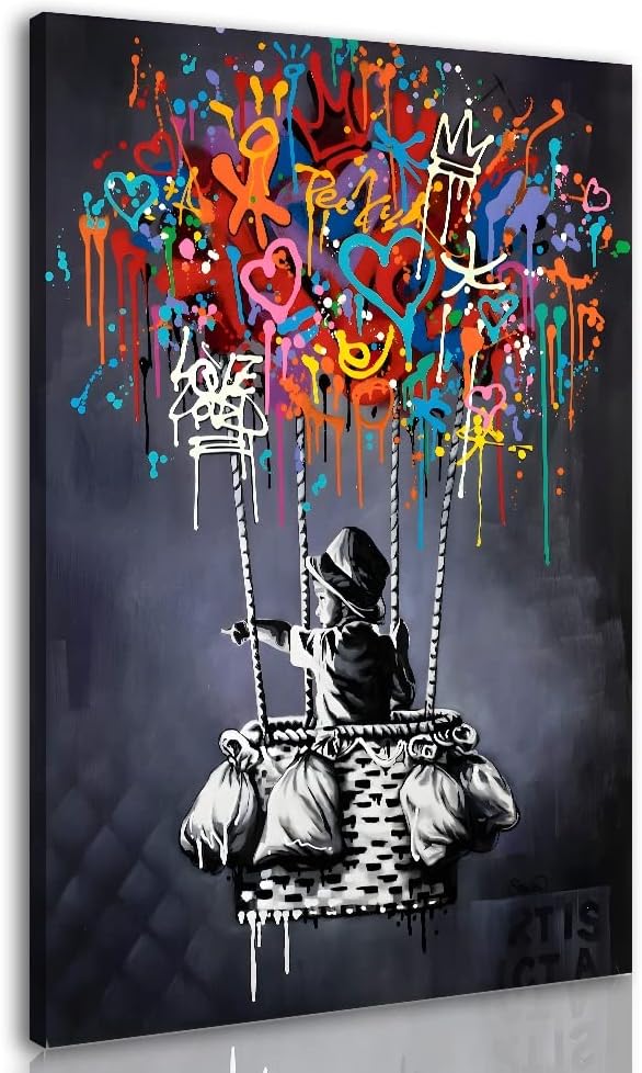 Framed Banksy Street Graffiti Wall Art Decor Large Abstract Pictures Canvas Painting Prints Colorful Modern Contemporary Poster Artwork Stretched for Wall Home Bathroom Bedroom Living Room Ready Hang (Framed Decor Art-01, 24x36inch (60x90cm))