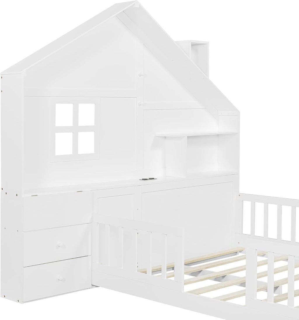 Full Floor House Bed for Kids, Wood Montessori Floor Bed with Rails, Window and Bedside Drawers, Kids Full Platform Bed with Shelves and a Set of Sockets and USB Port (Full,White)
