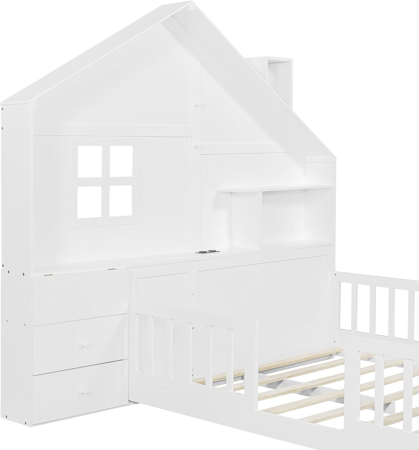 Full Floor House Bed for Kids, Wood Montessori Floor Bed with Rails, Window and Bedside Drawers, Kids Full Platform Bed with Shelves and a Set of Sockets and USB Port (Full,White)