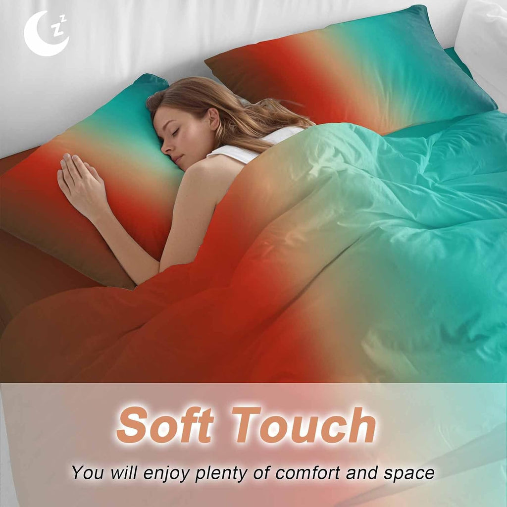 Gradient Blue Green Duvet Cover Set Queen Size 4 Pieces Modern Abstract Minimalist Orange Brown Ocean Beach Bedding Set with Zipper Closure,1 Comforter Cover 92x106 Inches 1 Flat Sheet&2 Pillow Cases