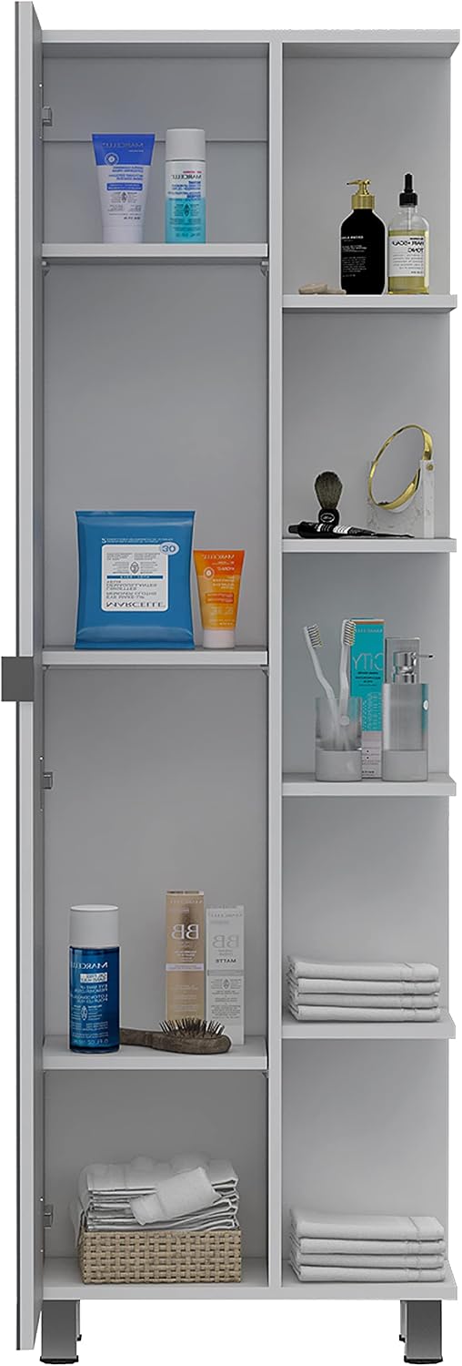 FM FURNITURE Los Angeles Mirror Linen Cabinet with 5 Open Shelves and 4 Inner Shelves, White