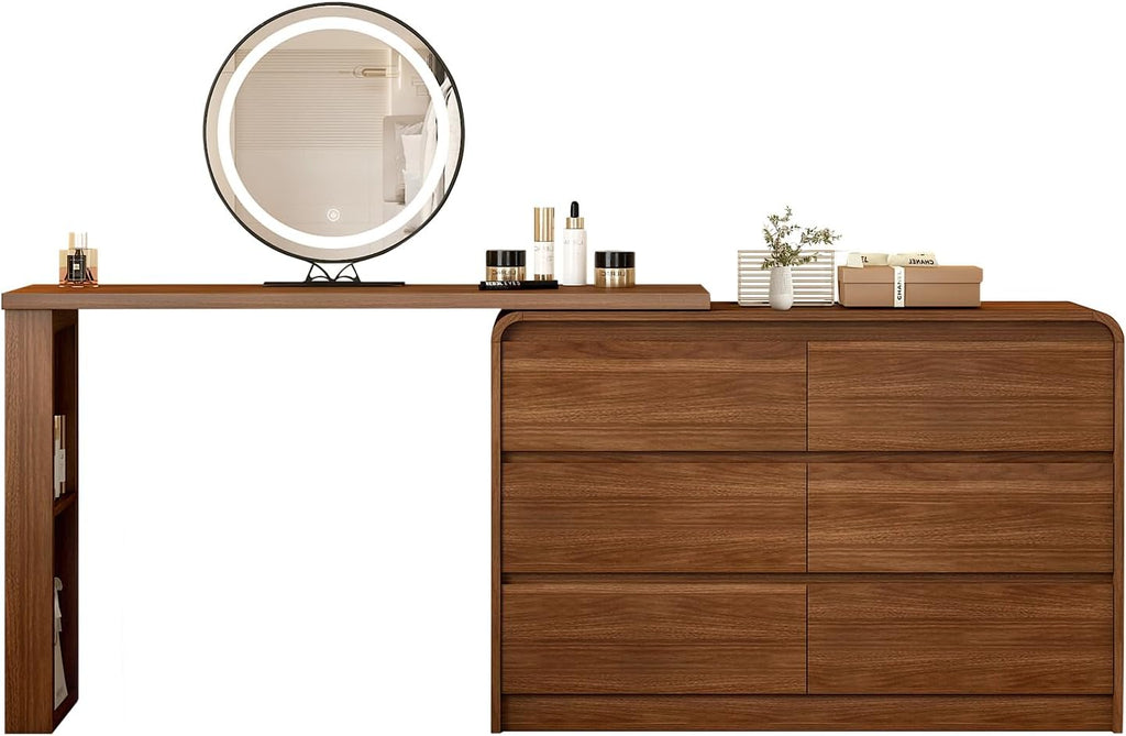 Messenya Makeup Vanity Desk with Touch Screen Mirror, 50-90 in Adjustable Sturdy Vanity Table Set, Bedroom Elegant Dressing Table for Women with 6 Drawer Rounded Corners Storage Cabinet, Brown