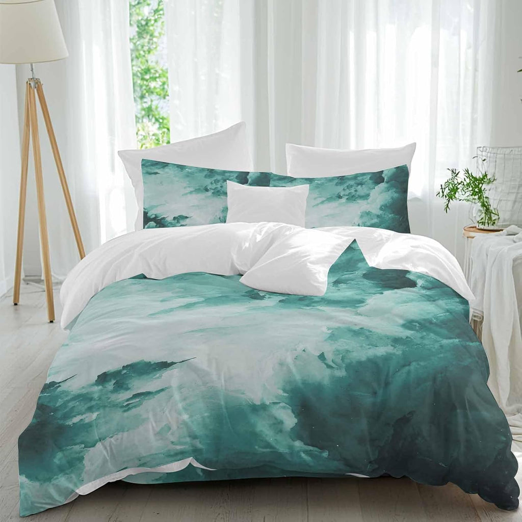 Prime Leader Clouds Duvet Cover Set Queen Size 4 Pieces Abstract Gradient Green Clouds Sky Bedding Set with Zipper Closure, 1 Comforter Cover 92x106 Inches 1 Flat Sheet & 2 Pillow Cases