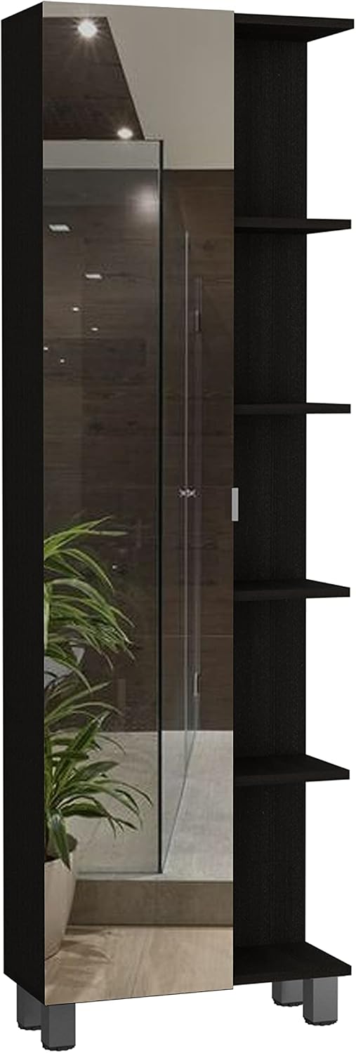 FM FURNITURE Los Angeles Mirror Linen Cabinet with 5 Open Shelves and 4 Inner Shelves, Black