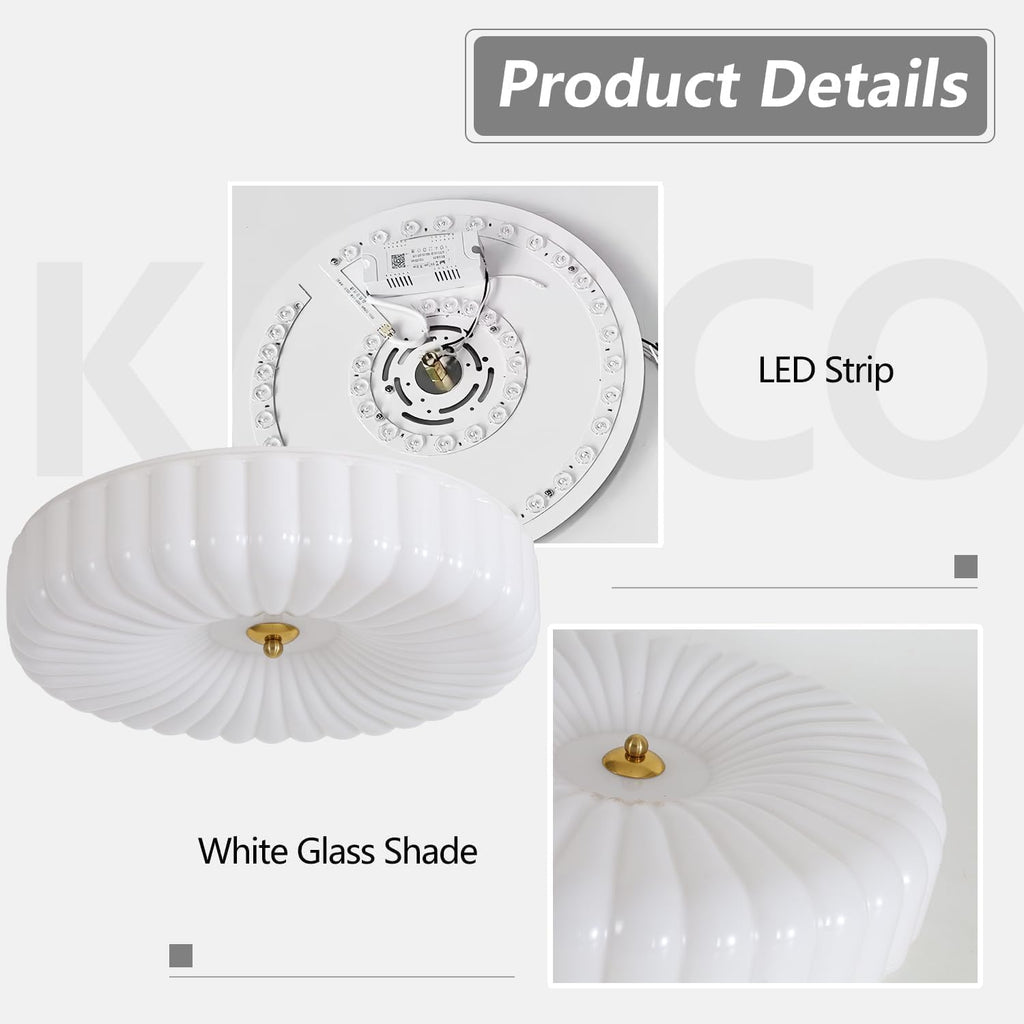 KCO Lighting White Ribbed Glass Flush Mount Ceiling Light Large Milk Glass Ceiling Lights Round LED Semi Flush Mount Ceiling Light Fixture Contemporary Hallway Ceiling Lighting