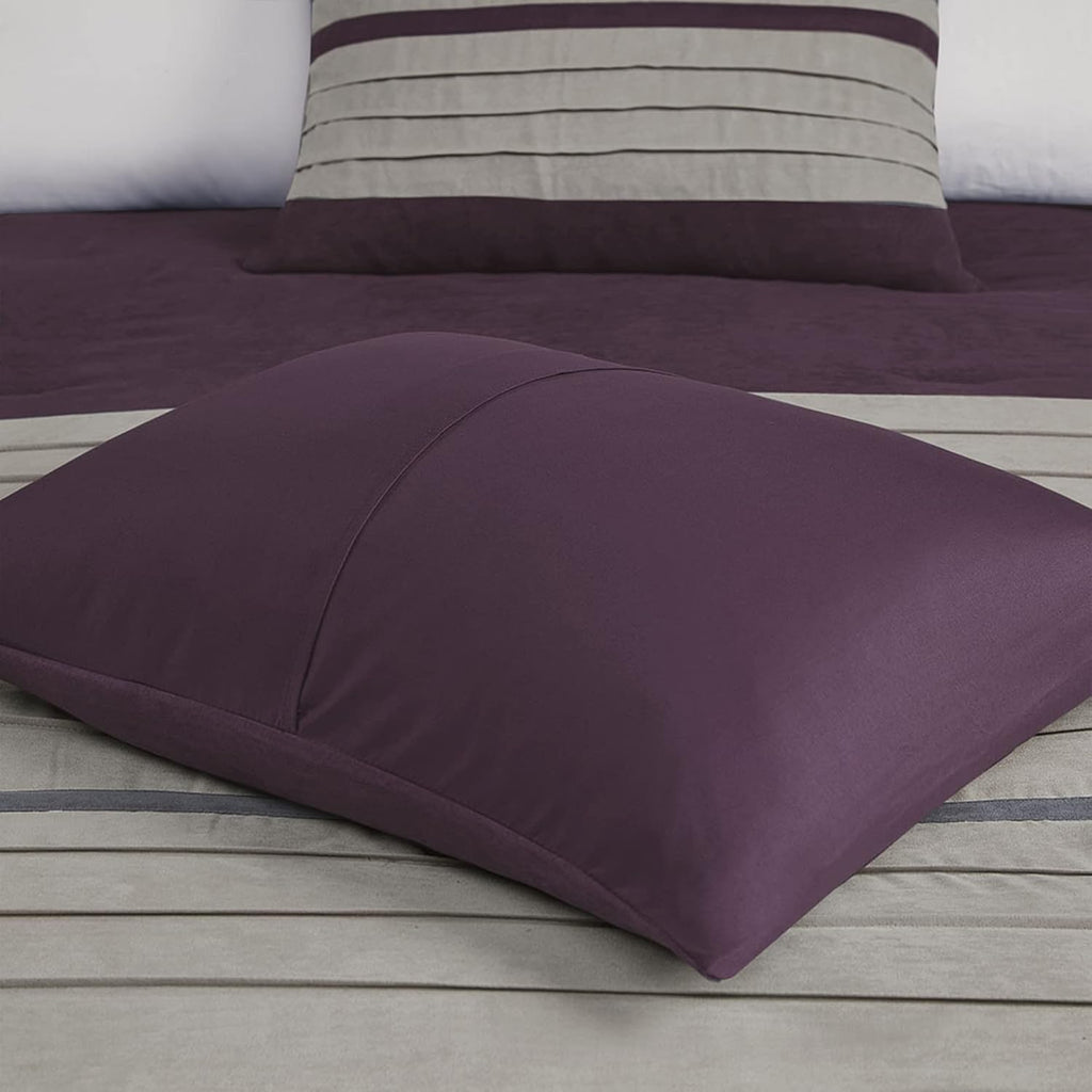 Madison Park - Palmer 7 Piece Comforter Set - Plum - California King - Pieced Microsuede - Includes 1 Comforter, 3 Decorative Pillows, 1 Bed Skirt, 2 Shams,Purple