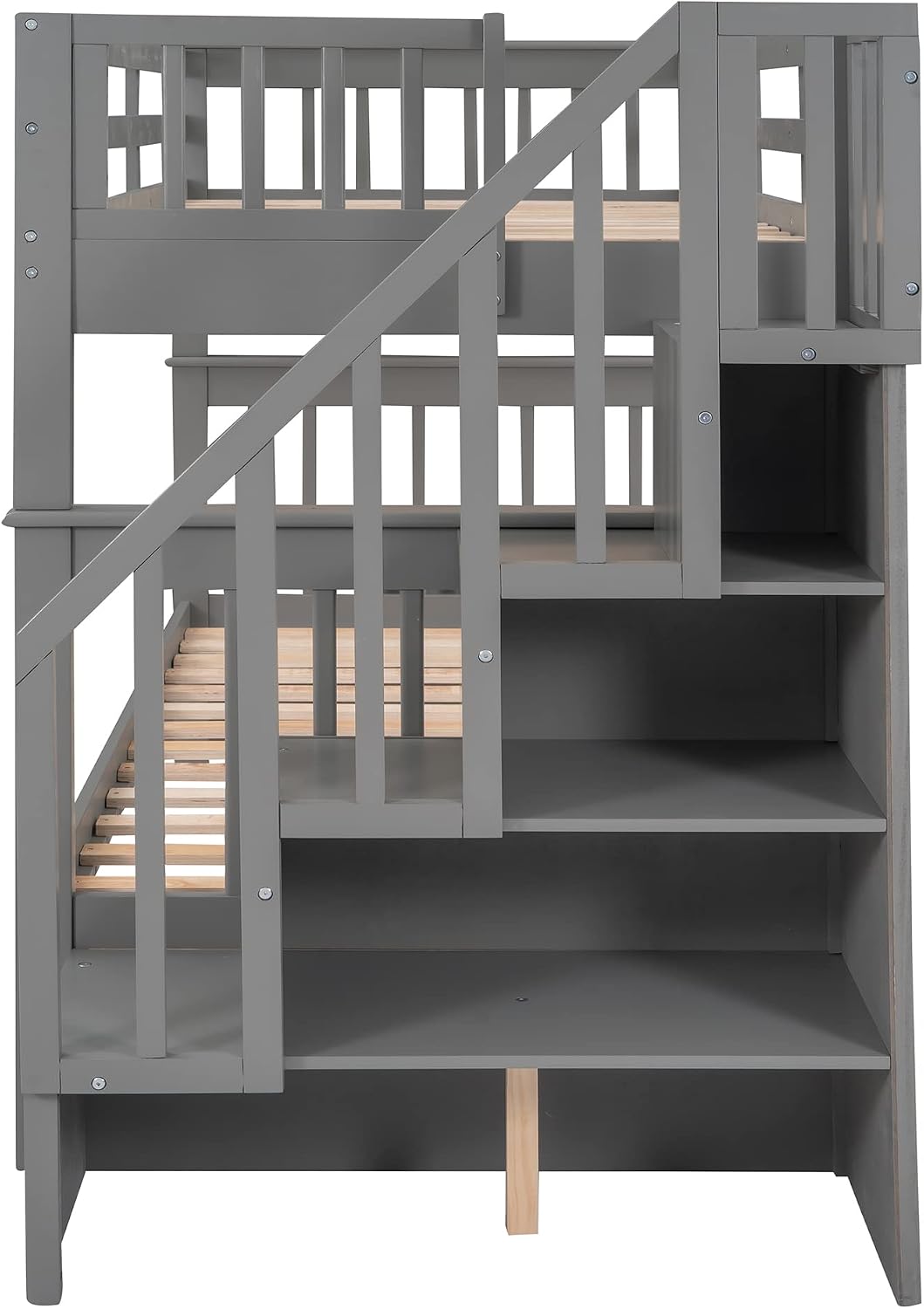 Merax Twin Over Twin Stairway Bunk Bed with 3 Storage Drawers and Staircase, Solid Wood Storage Bunk Bed Frame with Guardrail, Can be Separated into 2 Beds, Grey
