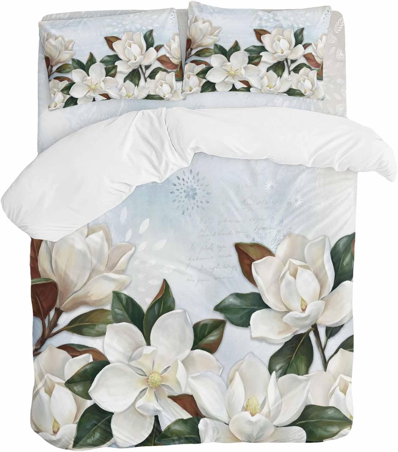 White Magnolia Duvet Cover Set Queen Size 4 Pieces Watercolor Flower Floral Plants Leaf Farmhouse Bedding Set with Zipper Closure, 1 Comforter Cover 92x106 Inches 1 Flat Sheet & 2 Pillow Cases