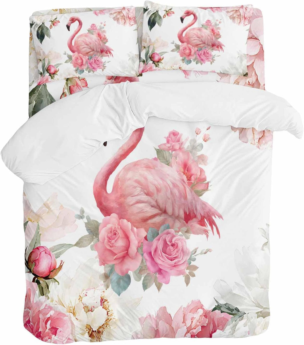 Prime Leader Flamingos Rose Duvet Cover Set Queen Size 4 Pieces Pink Watercolor Floral Spring Nature Bedding Set with Zipper Closure, 1 Comforter Cover 92x106 Inches 1 Flat Sheet & 2 Pillow Cases