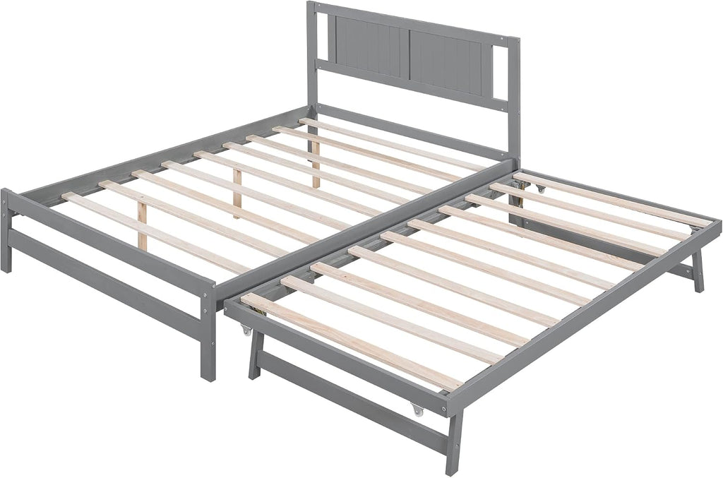 Merax Full Size Wooden Platform Bed with Headboard and Twin Size Adjustable Trundle for Kids, Gray Full Bed with Wood Slats Support for Kidsroom or Bedroom, No Box Spring Needed