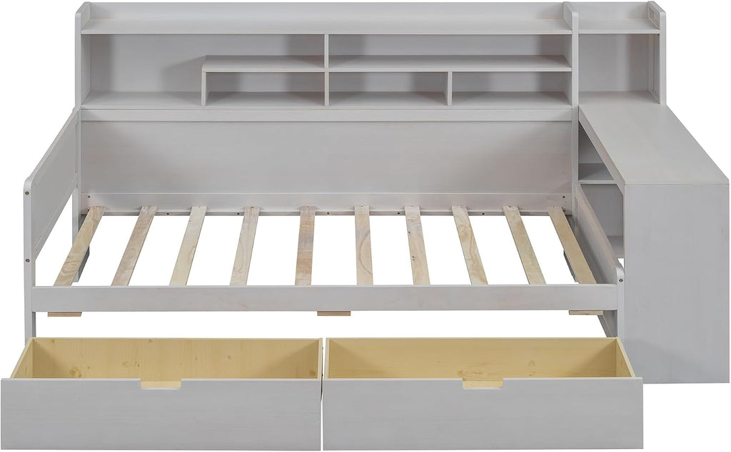 RuiSiSi Twin Size Daybed with Storage Drawers and Bookcase, Wood Daybed with Desk and Storage Headboard, Twin Corner Bed with Storage Shelves Drawers for Kids Teens Adults Bedroom, Antique White