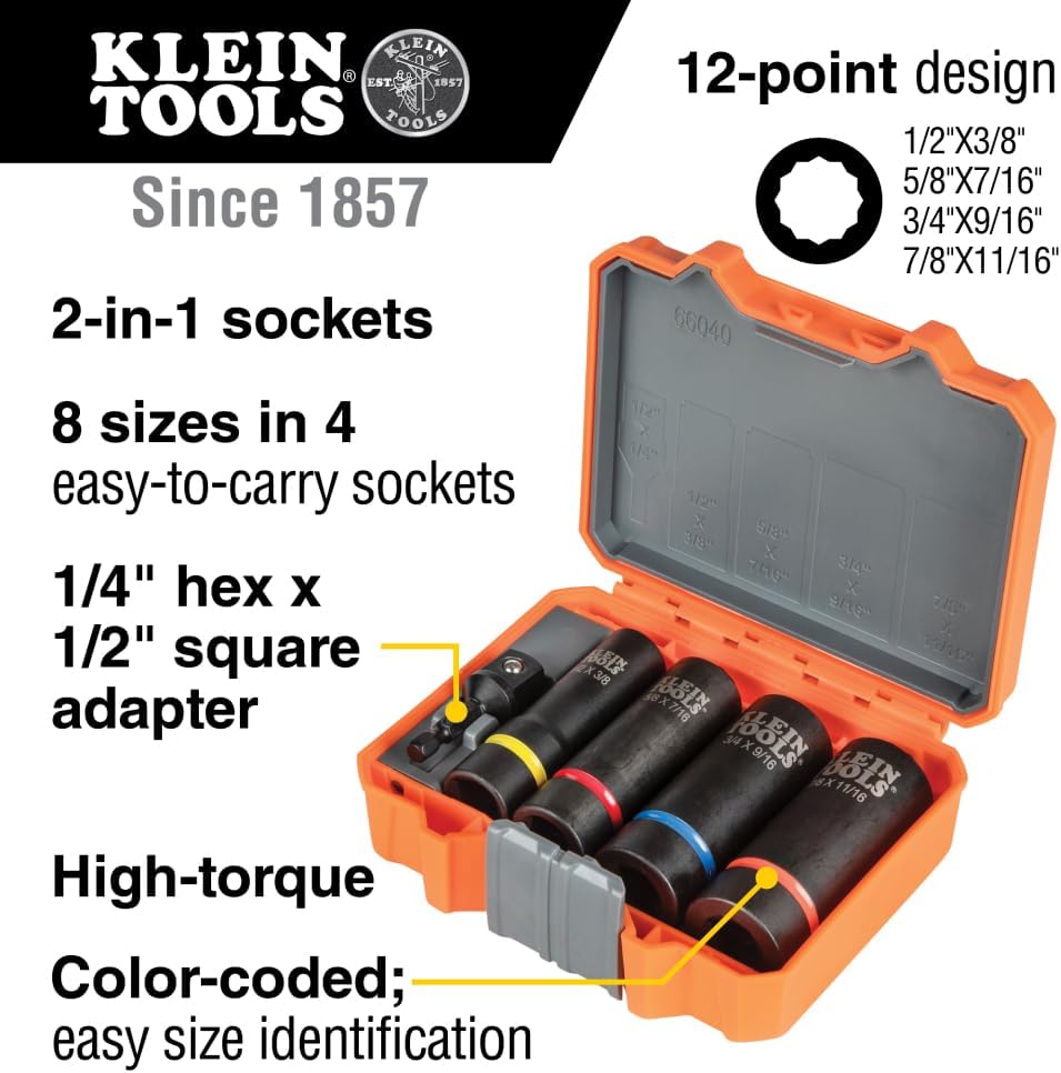 Klein Tools 66040 2-in-1 Impact Socket Set, 5-Piece Tool Set with 12-Point Deep Sockets with 1/2-Inch Drive, Includes Tool Case