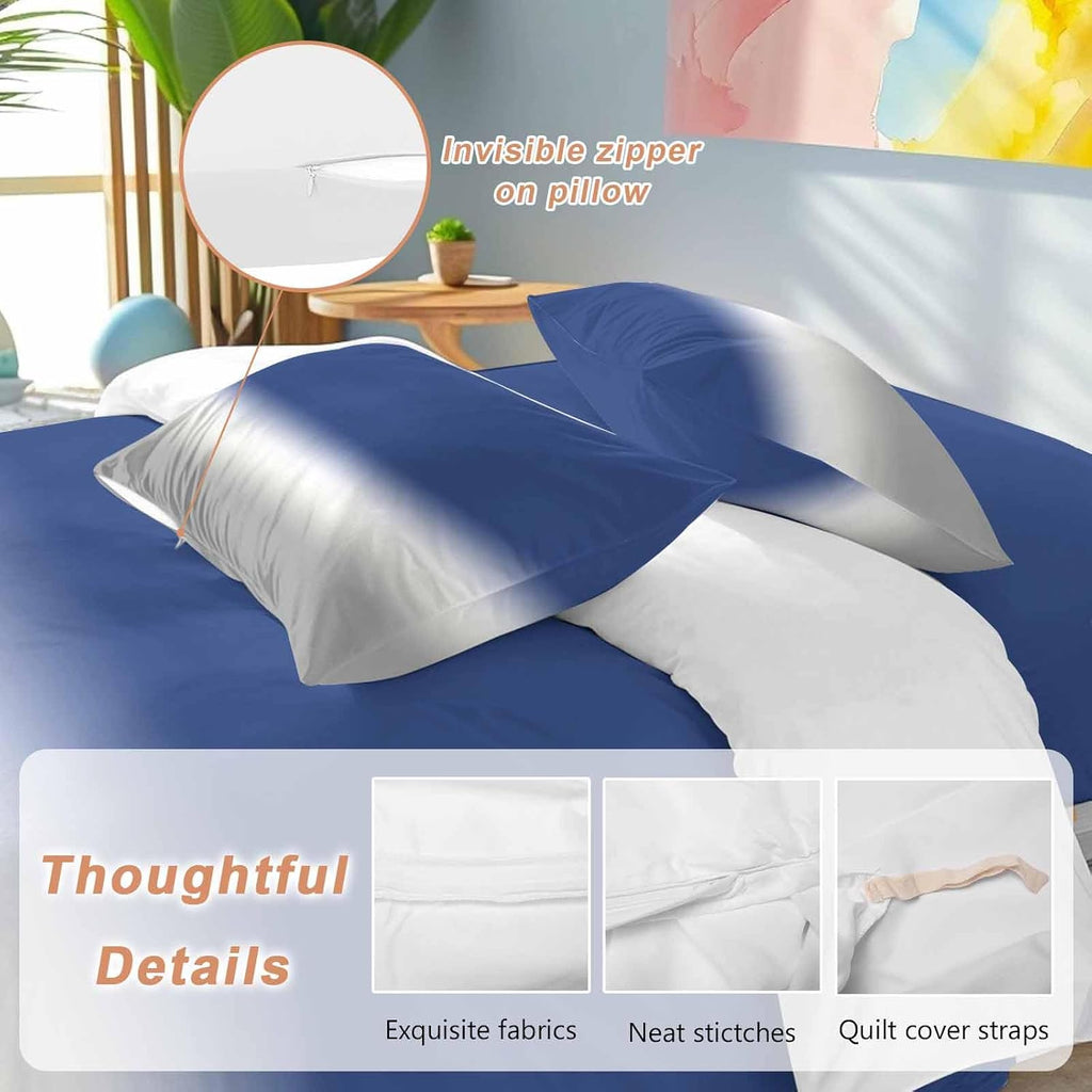 Prime Leader Navy Blue Grey Ombre Duvet Cover Set Queen Size 4 Pieces Modern Abstract Gray Gradient Bedding Set with Zipper Closure, 1 Comforter Cover 92x106 Inches 1 Flat Sheet & 2 Pillow Cases