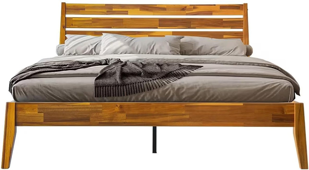Full Size Platform Bed Frame with Solid Wood Headboard & Footboard, 12 Durable Slatted Base with Center Metal Legs, No Box Spring Needed, Anti-Noise & Slip-Free, Acacia Honey Finish. RKF-38