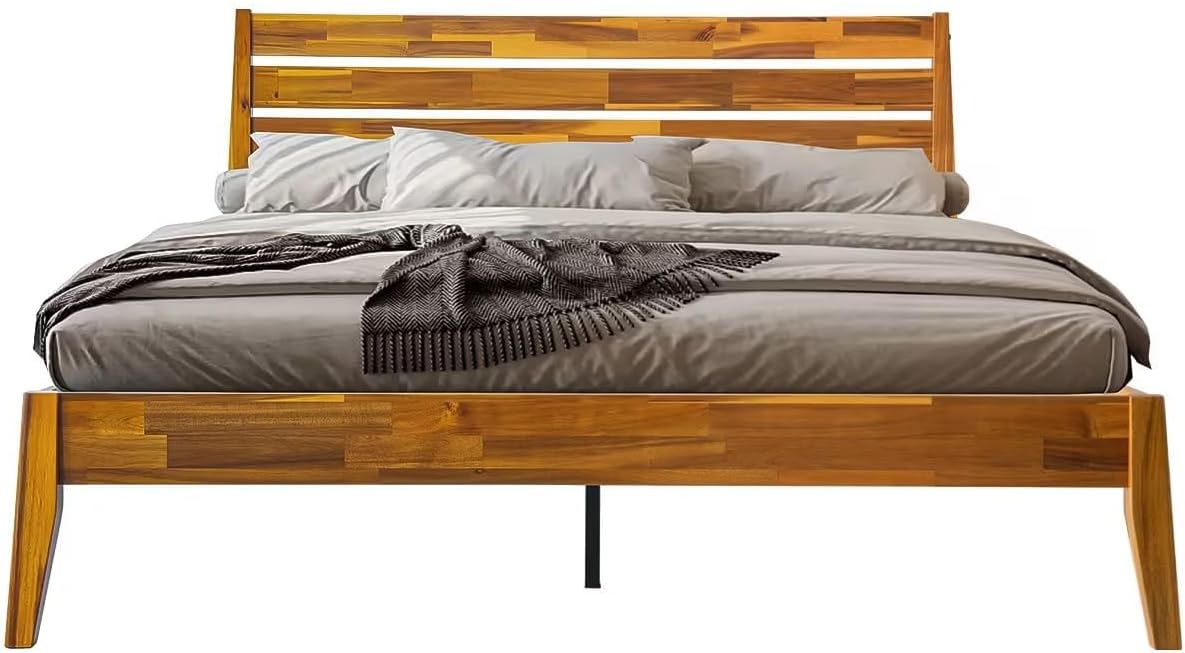 Full Size Platform Bed Frame with Solid Wood Headboard & Footboard, 12 Durable Slatted Base with Center Metal Legs, No Box Spring Needed, Anti-Noise & Slip-Free, Acacia Honey Finish. RKF-38