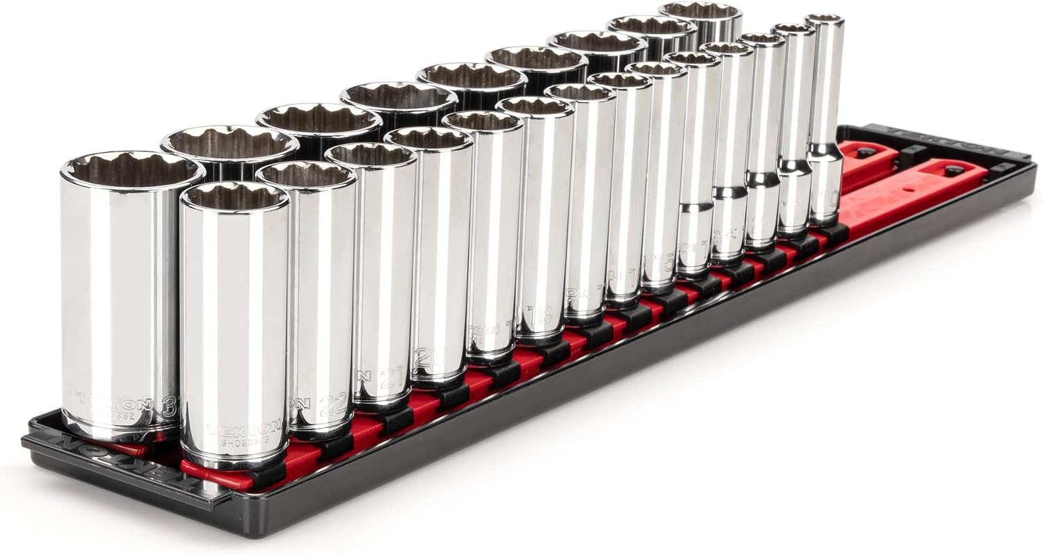 TEKTON 1/2 Inch Drive Deep 12-Point Socket Set with Rails and Tray, 23-Piece (10-32 mm) | SHD92121